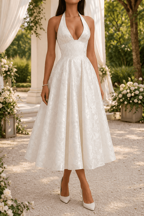 Cheap Bridesmaid Dresses Halter Neck Jacquard Midi Style for Fall Wedding Guest Occasions