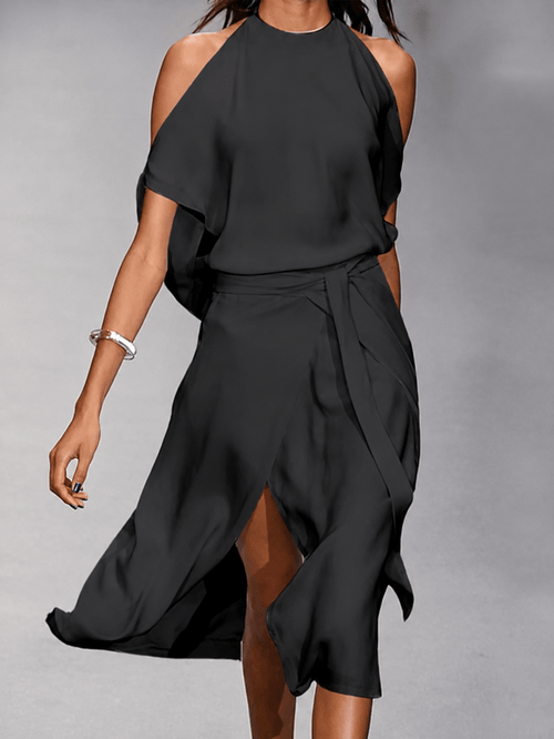 Asymmetric Open Shoulder Midi Dress with Tie Waist for Cheap Bridesmaid Dresses