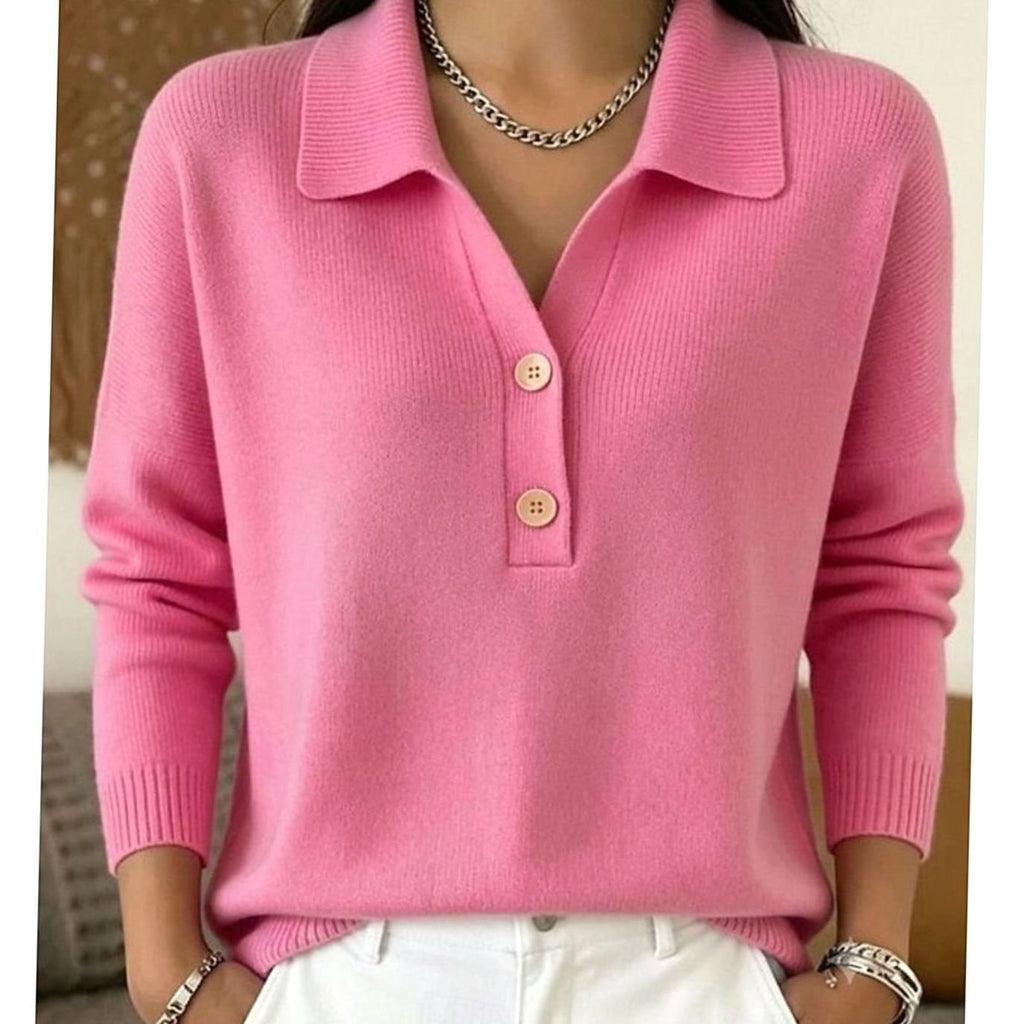 Women's Long Sleeve Collared V-Neck Knit Sweater with Two-Button Placket