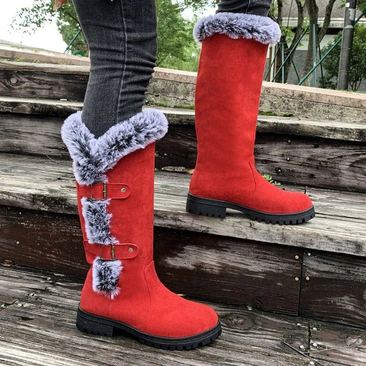 Women's Knee-High Faux Suede Boots with Buckle Straps and Plush Fur Trim