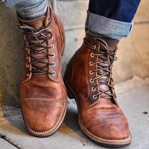 Men's Distressed Leather Lace-Up Boots with Cap Toe Stitching