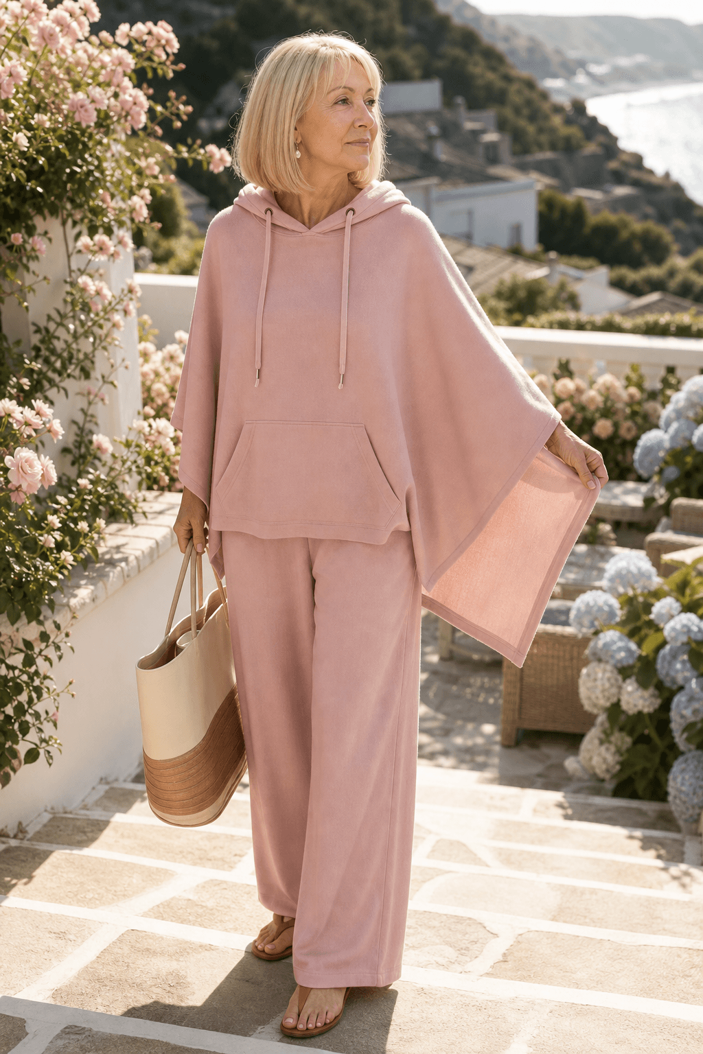 Women's Hooded Cape Top and Wide-Leg Trouser Two Piece Set