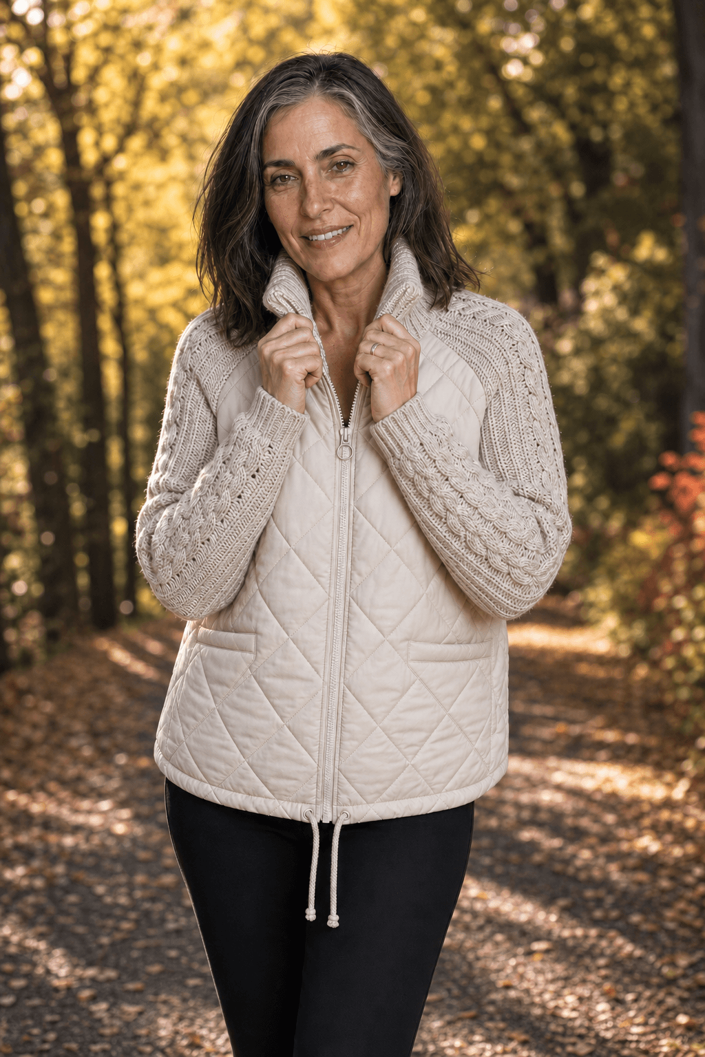 Women's Knit-Panel Quilted Puffer Jacket with Ribbed Cuffs