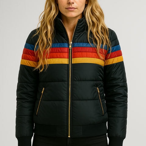 Hooded Quilted Puffer Jacket with Striped Chest Bands in Polyester