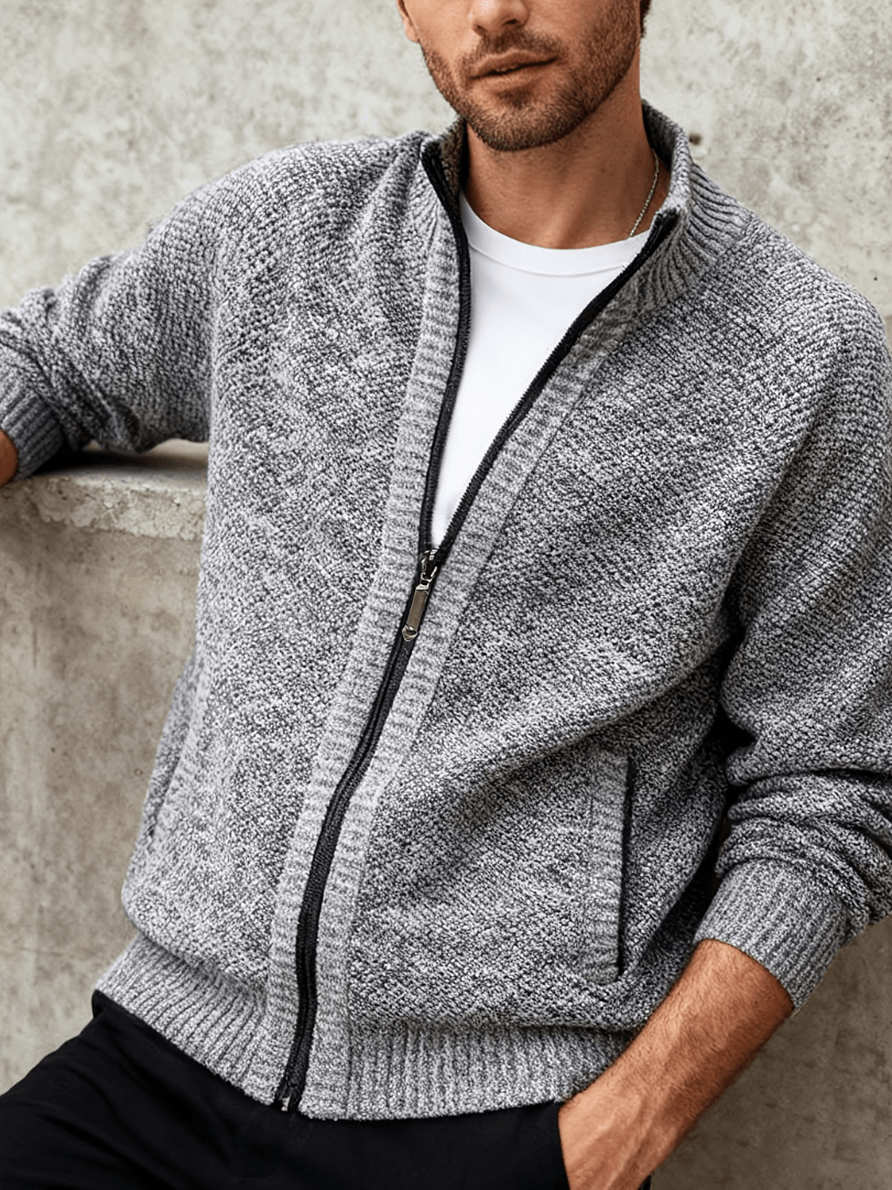 Men's Marled Knit Cardigan with Full-Length Zip and Ribbed Stand-Up Collar