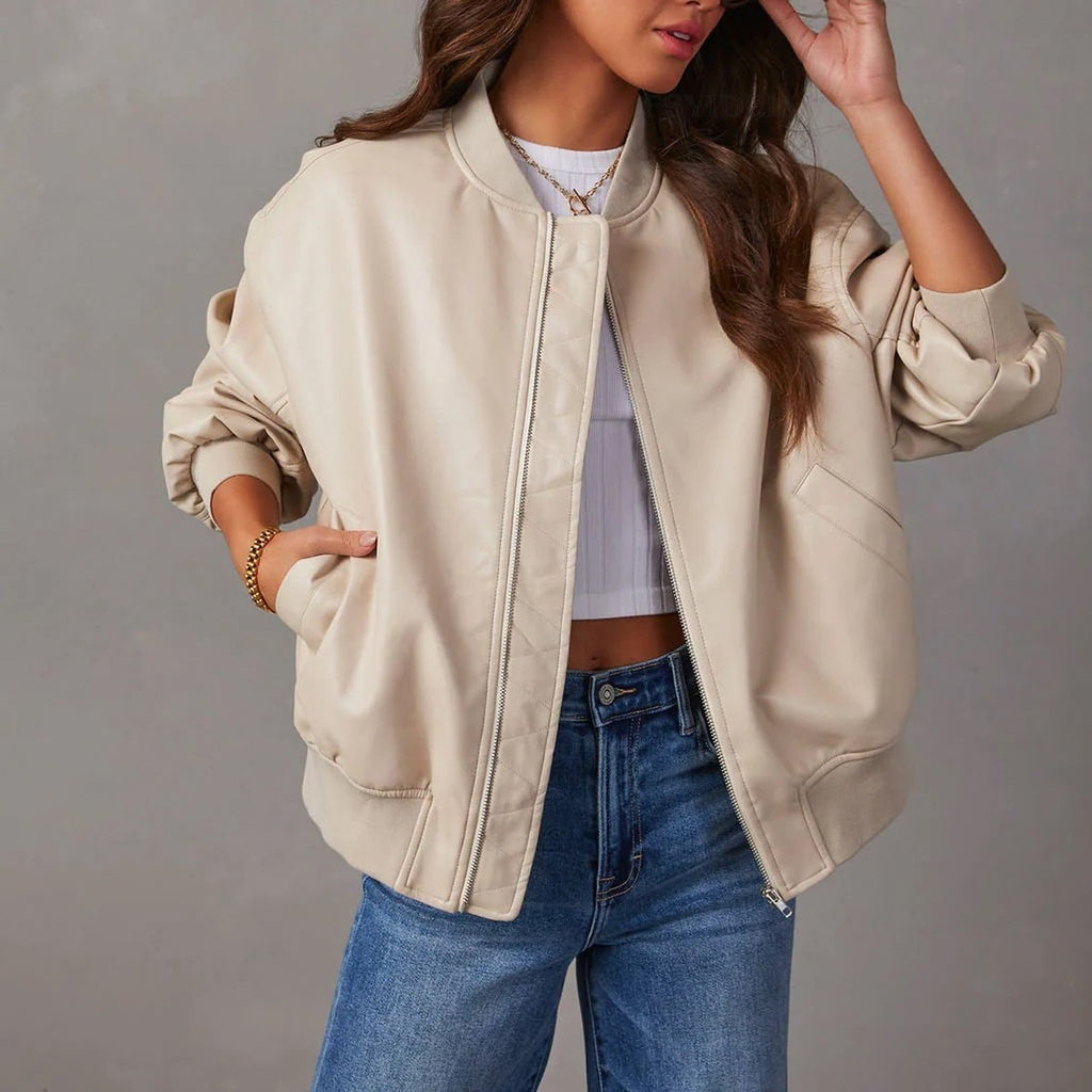 Oversized Faux Leather Bomber Jacket with Stand Collar and Ribbed Trim