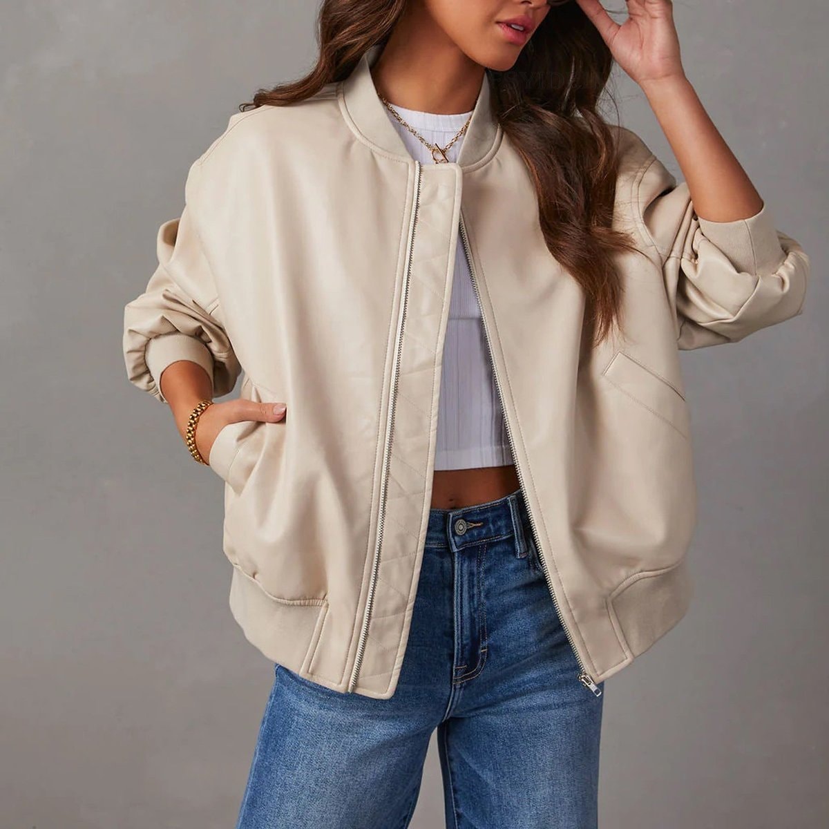 Oversized Faux Leather Bomber Jacket with Stand Collar and Ribbed Trim
