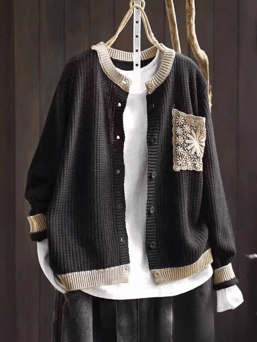 Women's Cardigan in Textured Knit with Lace Chest Pocket and Button Front