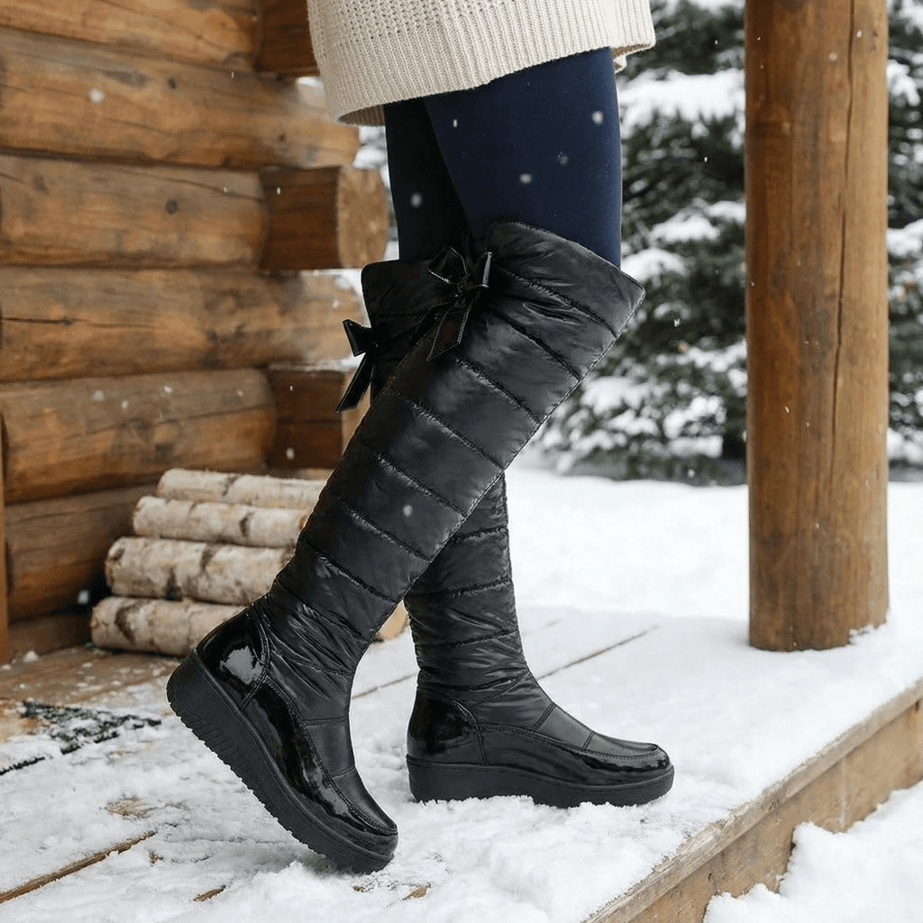 Velura Women's Black Fleece-Lined Quilted Over-the-Knee Boots with Drawstring Bow Detail
