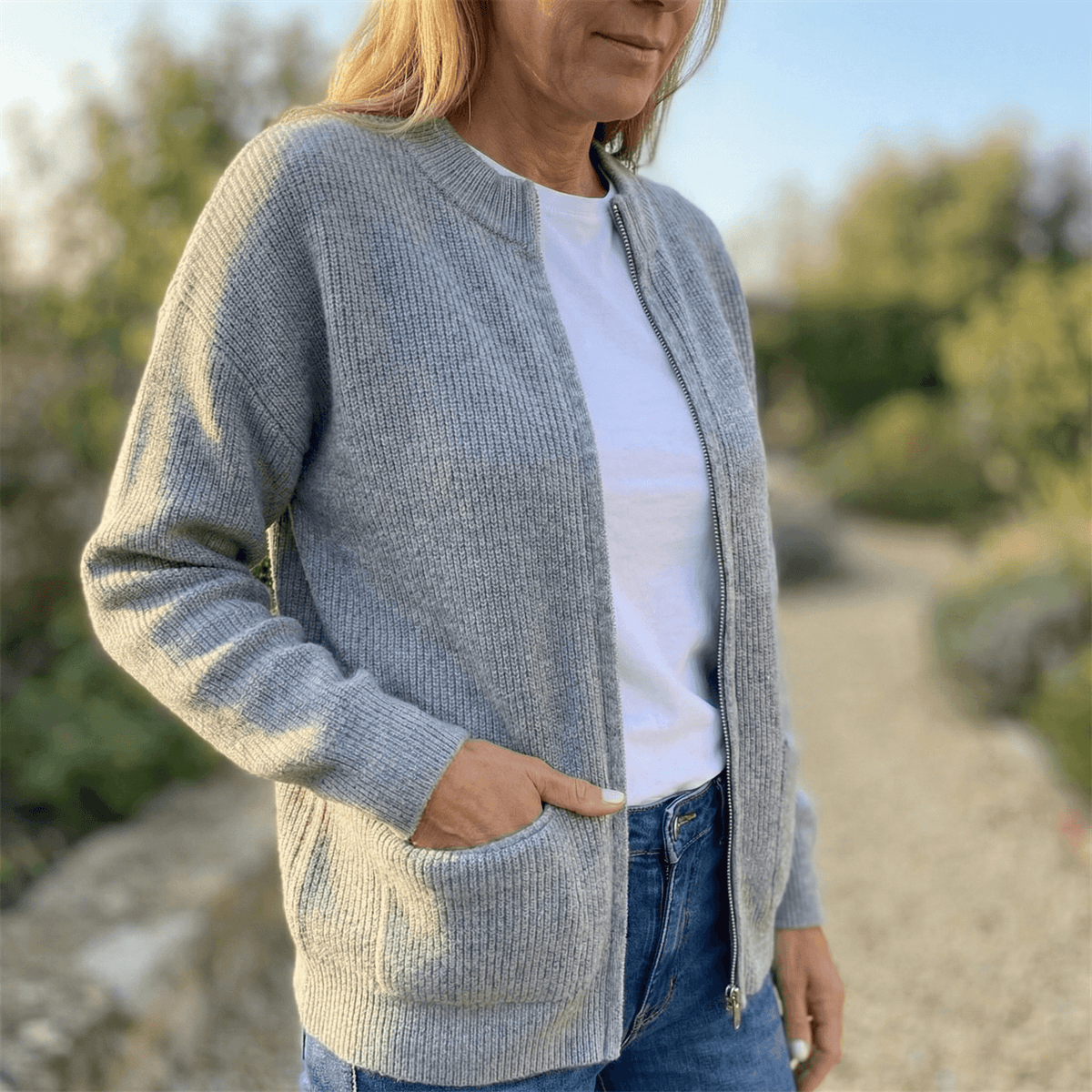 Covena Women's Ribbed Knitted Cardigan Sweater with Zip-Up Pockets