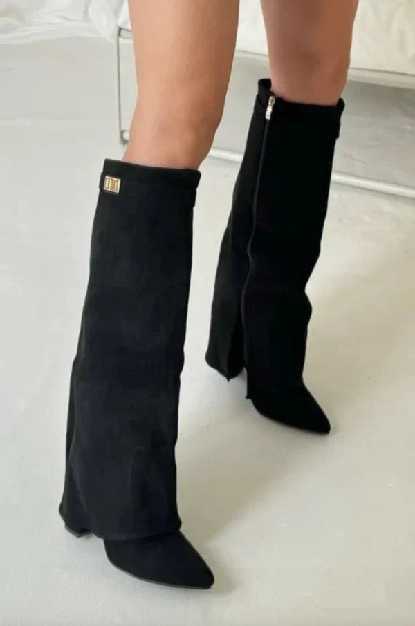 Women's Pointed-Toe Fold-Over Knee-High Boots with Block Heel and Turn-Lock Detail