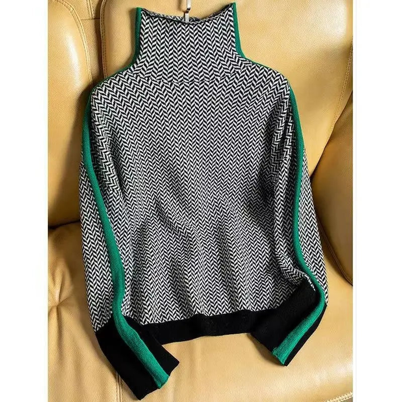 Herringbone Turtleneck Oversized Sweater with Striped Sleeve Panels