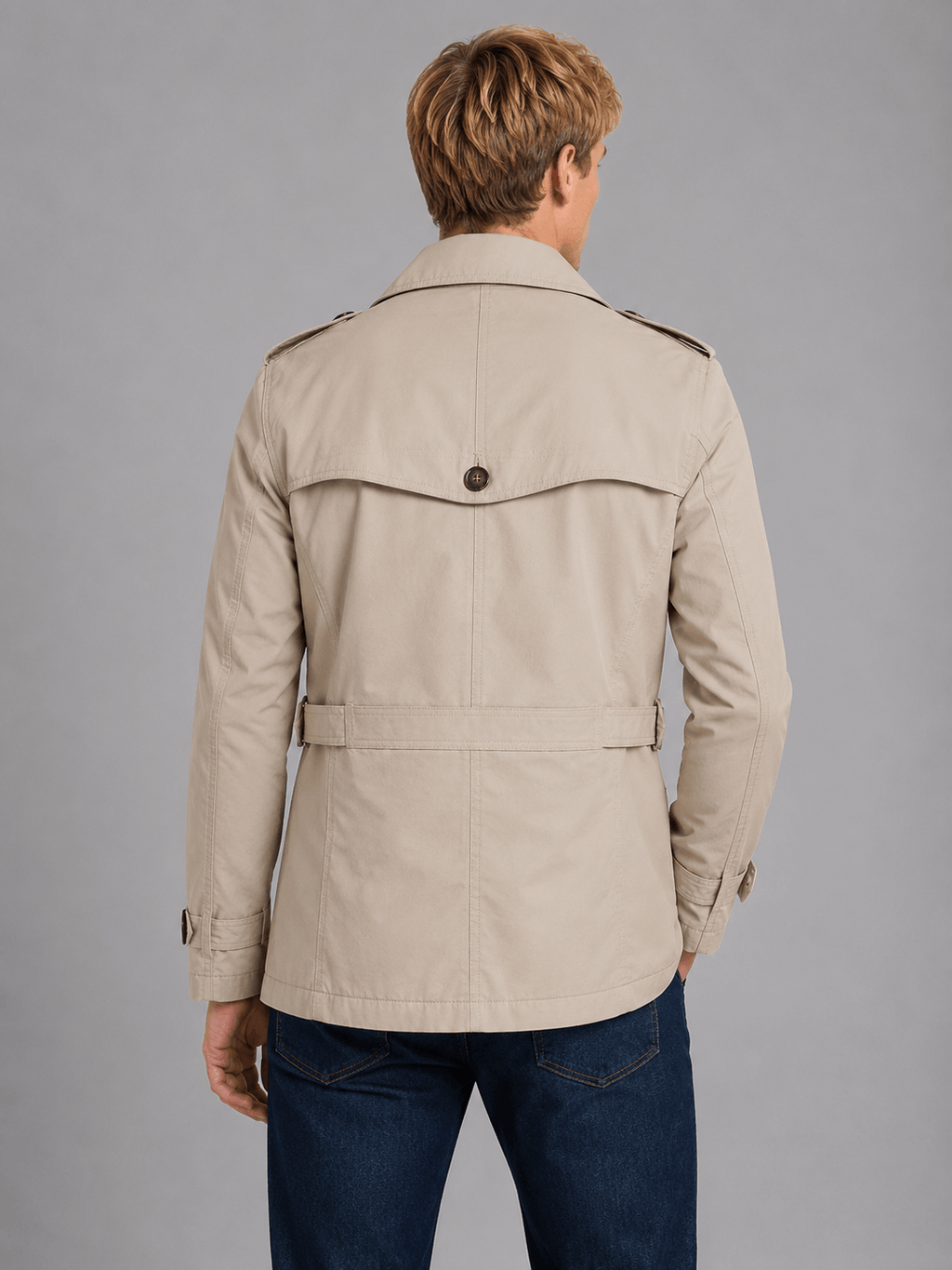 Men's Short Double-Breasted Belted Trench Coat with Epaulettes and Zip Chest Pocket