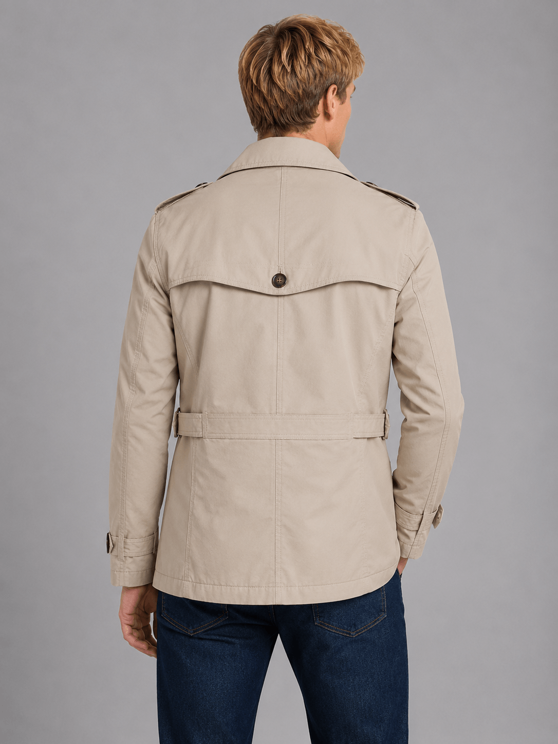 Men's Short Double-Breasted Belted Trench Coat with Epaulettes and Zip Chest Pocket