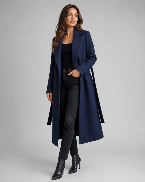 Belted Wool-Blend Long Lapel Winter Trench Coat for Women