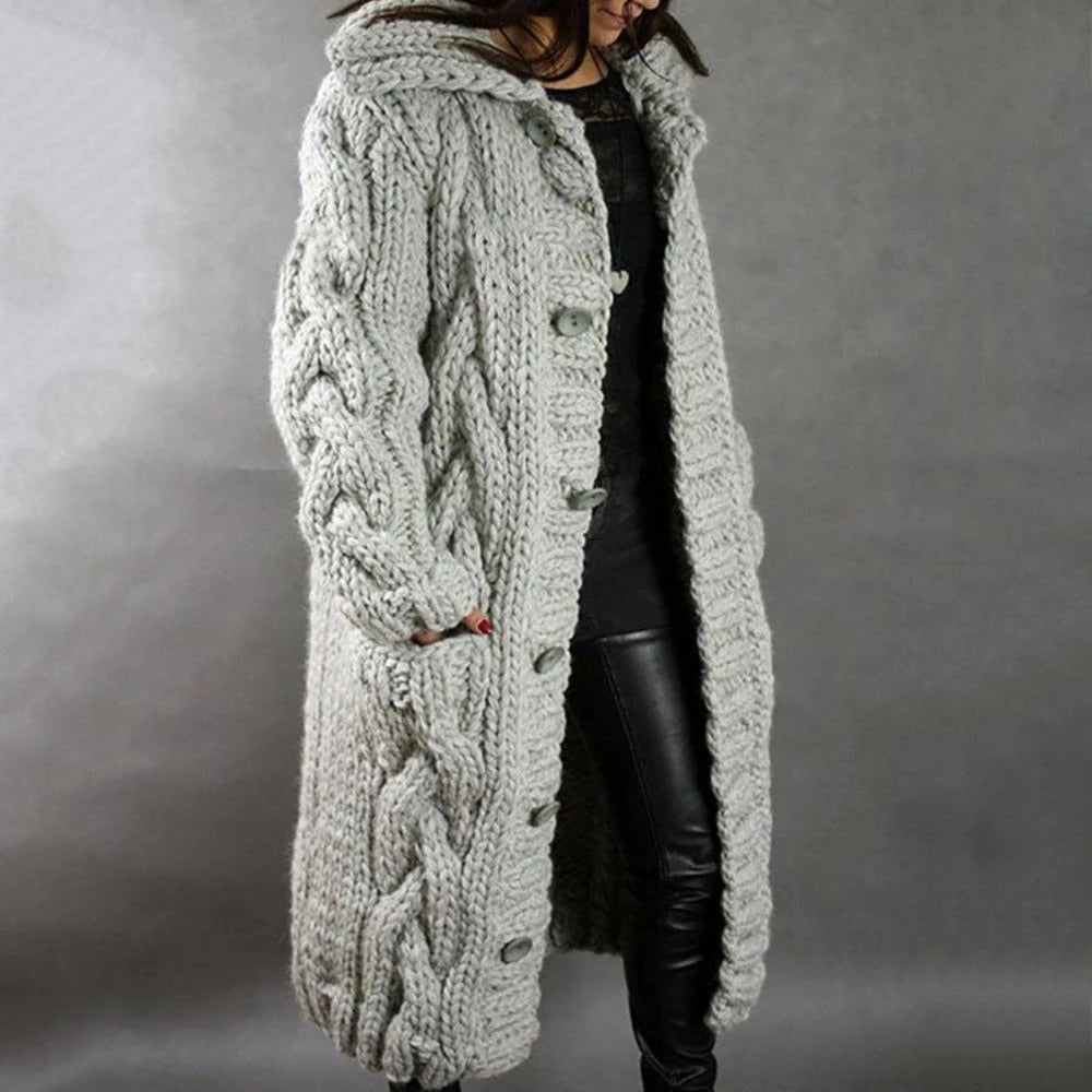 Chunky Hooded Long Cable-Knit Women's Cardigan with Pockets