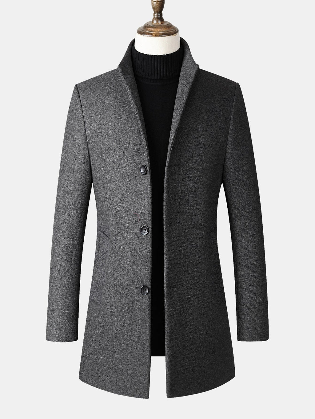 Men's Tailored Long Wool Blend Winter Coat with Stand Collar and Button Front