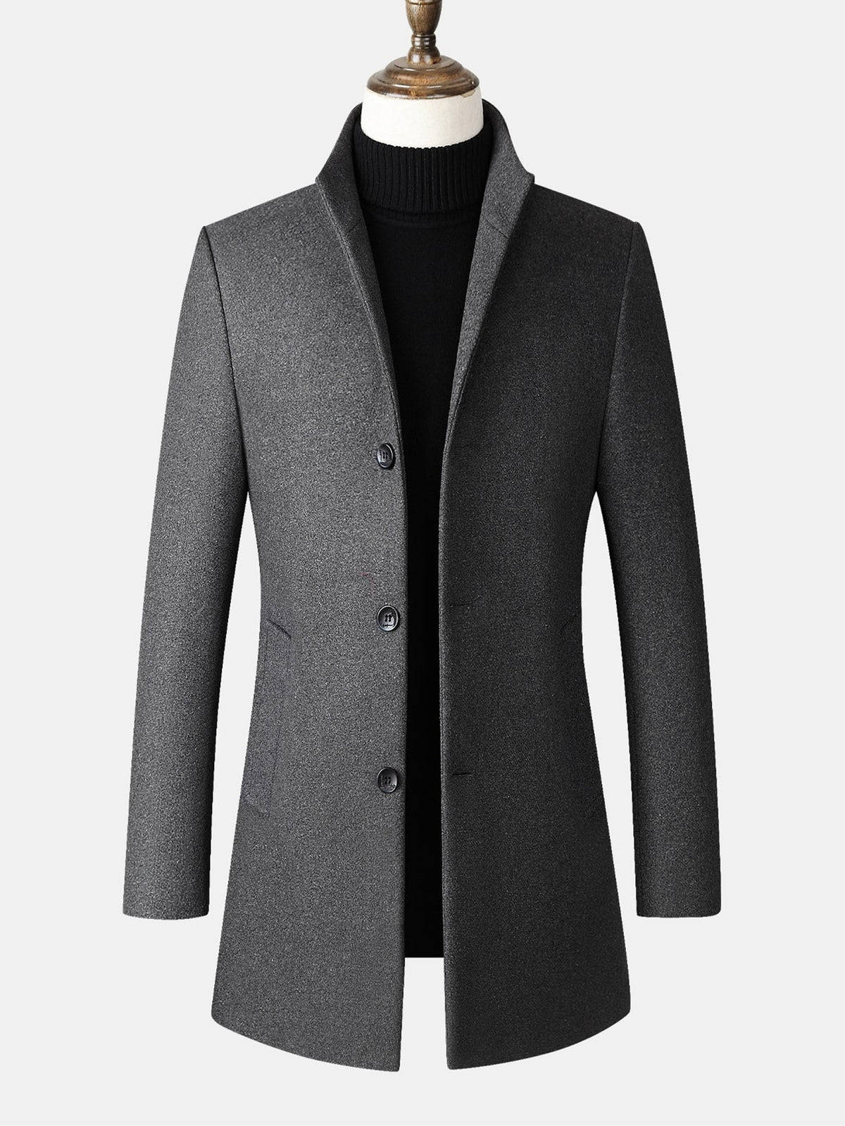 Men's Tailored Long Wool Blend Winter Coat with Stand Collar and Button Front