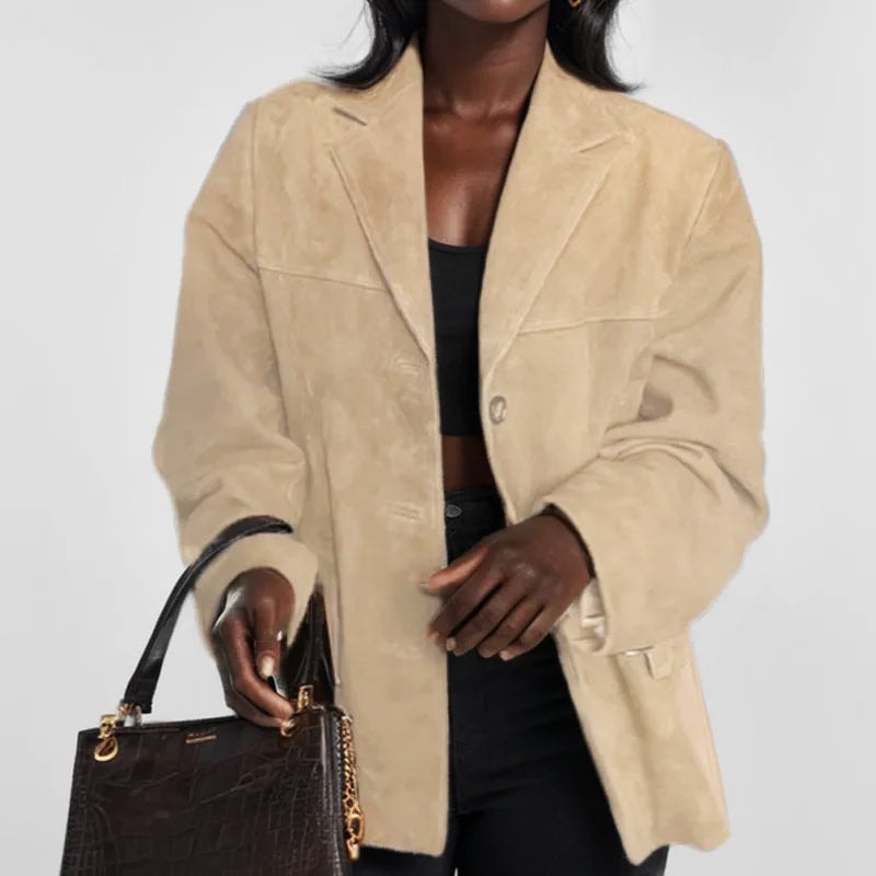Women's Faux Suede Tailored Blazer with Notched Lapels and Flap Pockets