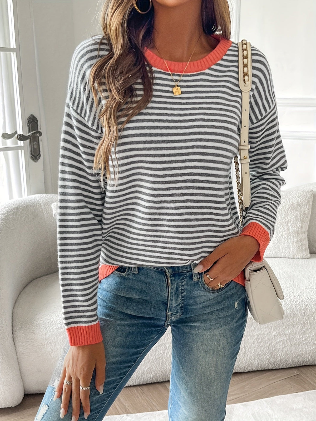 Striped Color-Block Crew Neck Knit Sweater for Women