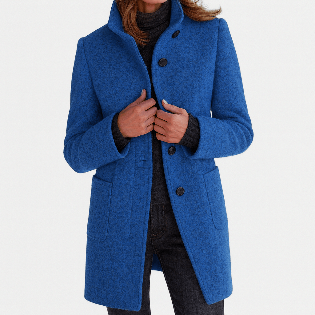 Mid-Length Pea Coat with Stand Collar and Patch Pockets