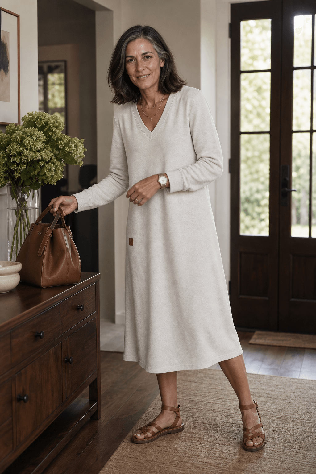 Women's A-Line V-Neck Midi Sweater Dress with Pockets