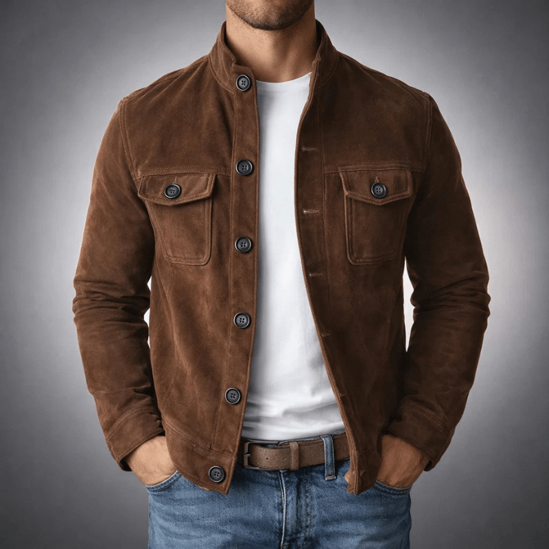 Men's Button-Front Faux Suede Bomber Jacket with Stand Collar and Chest Flap Pockets