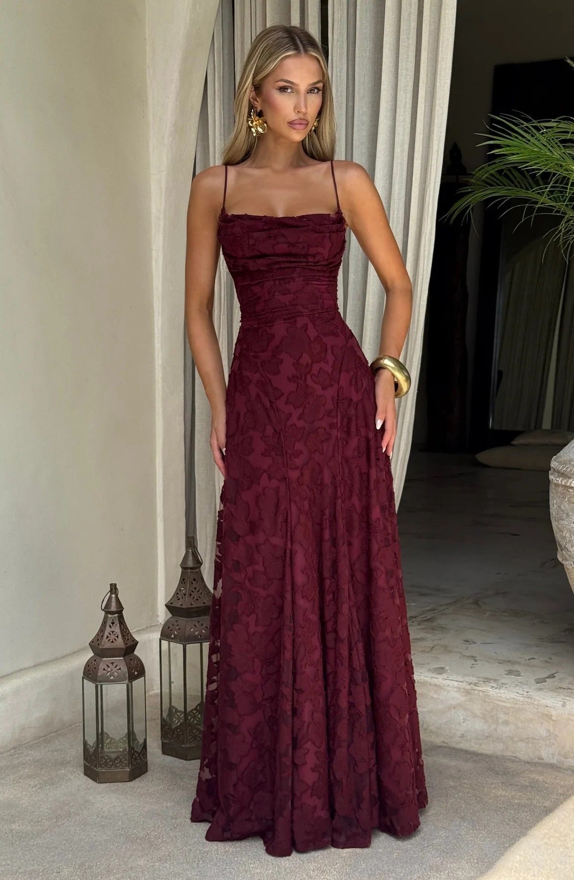 Floral Textured Maxi Dress for Fall Wedding Guest Occasions