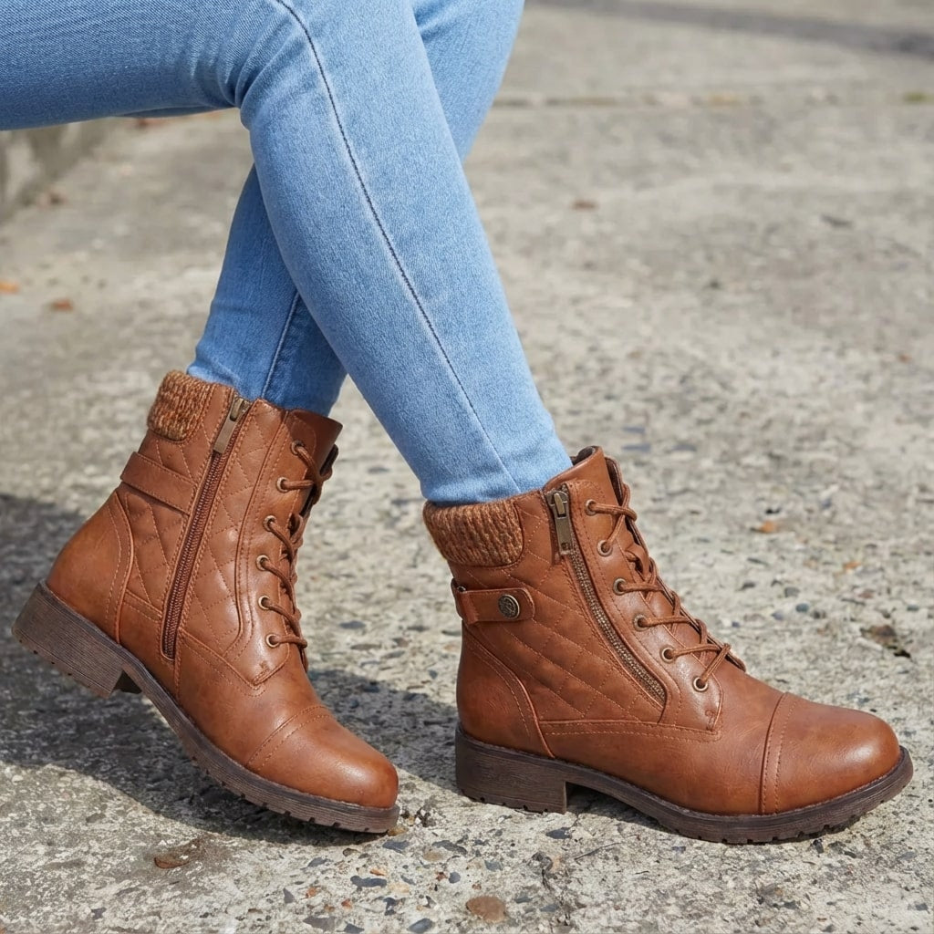 Women's Quilted Lace-Up Ankle Boots with Side Zip and Block Heel