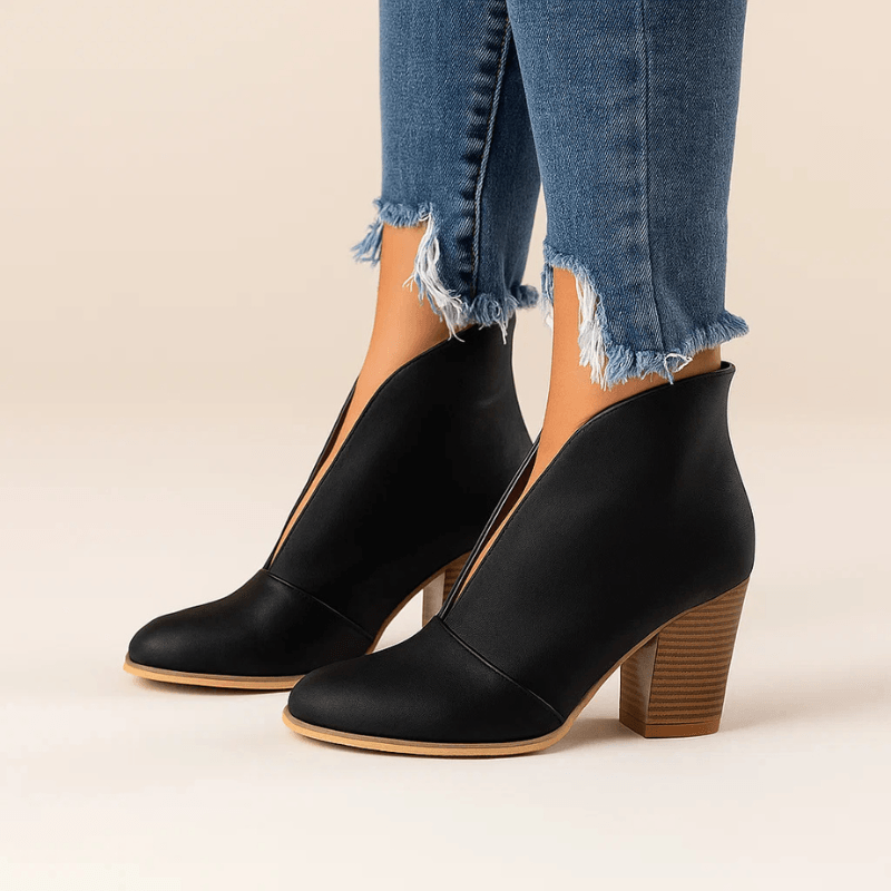 Women's Slip-On V-Cut Ankle Boots with Block Heel and Pointed Toe
