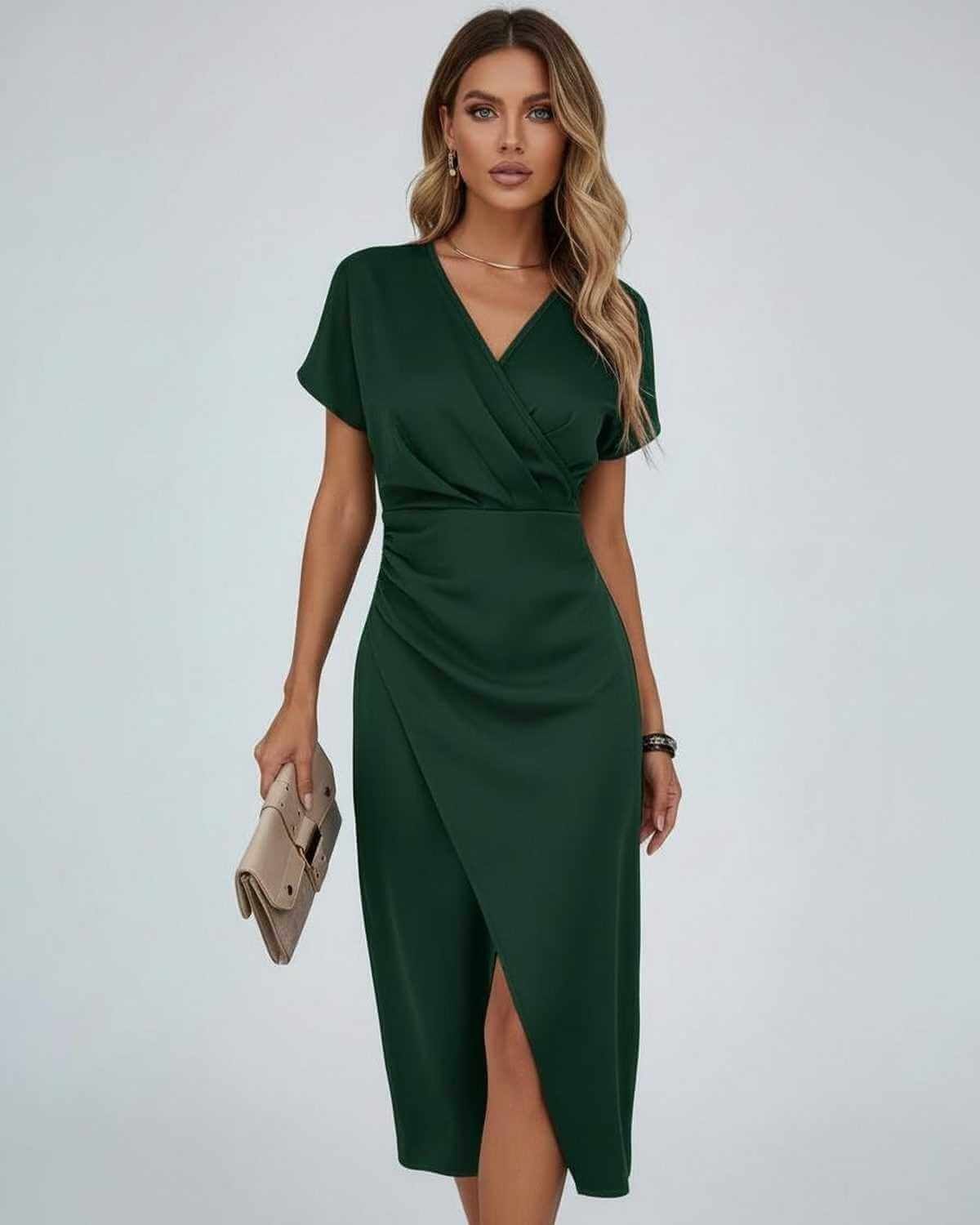 Wrap Midi Dress with Draped Waist and Split Hem for Cheap Bridesmaid Dresses