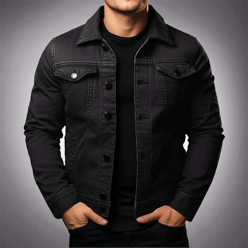 Men's Button-Front Denim Trucker Jacket with Shirt Collar and Chest Flap Pockets