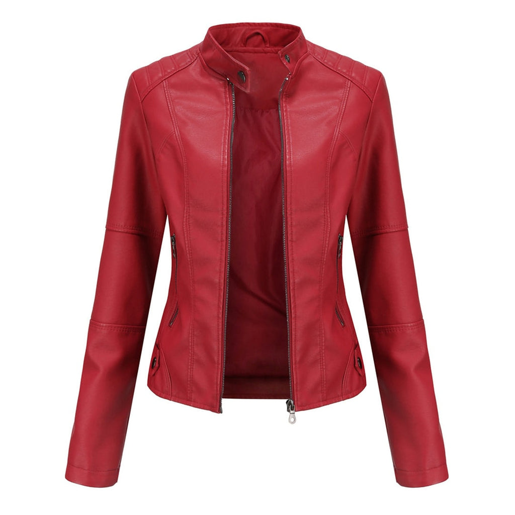 Fitted Faux Leather Moto Jacket with Zip Pockets for Women's Fall Layering