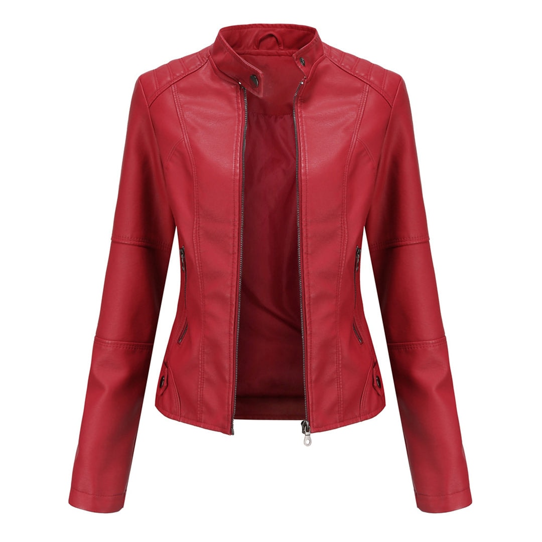 Fitted Faux Leather Moto Jacket with Zip Pockets for Women's Fall Layering