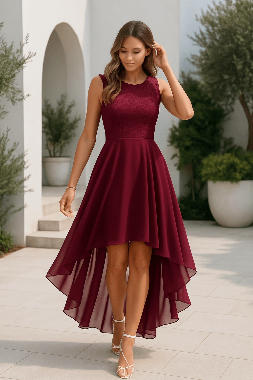 Women's High-Low Lace Bodice Evening Gown with Flowing Skirt