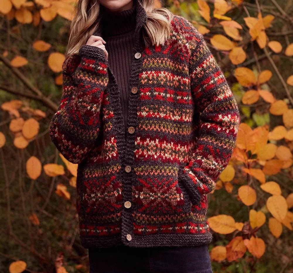 Women's Relaxed Fair Isle Knit Cardigan with Pockets and Chunky Wooden Buttons