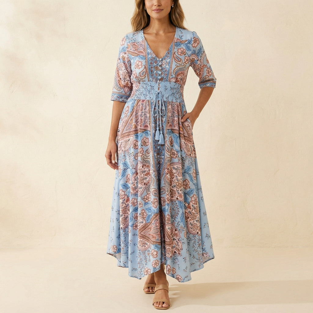 Floressa Paisley Floral V-Neck Maxi Dress with Drawstring Waist