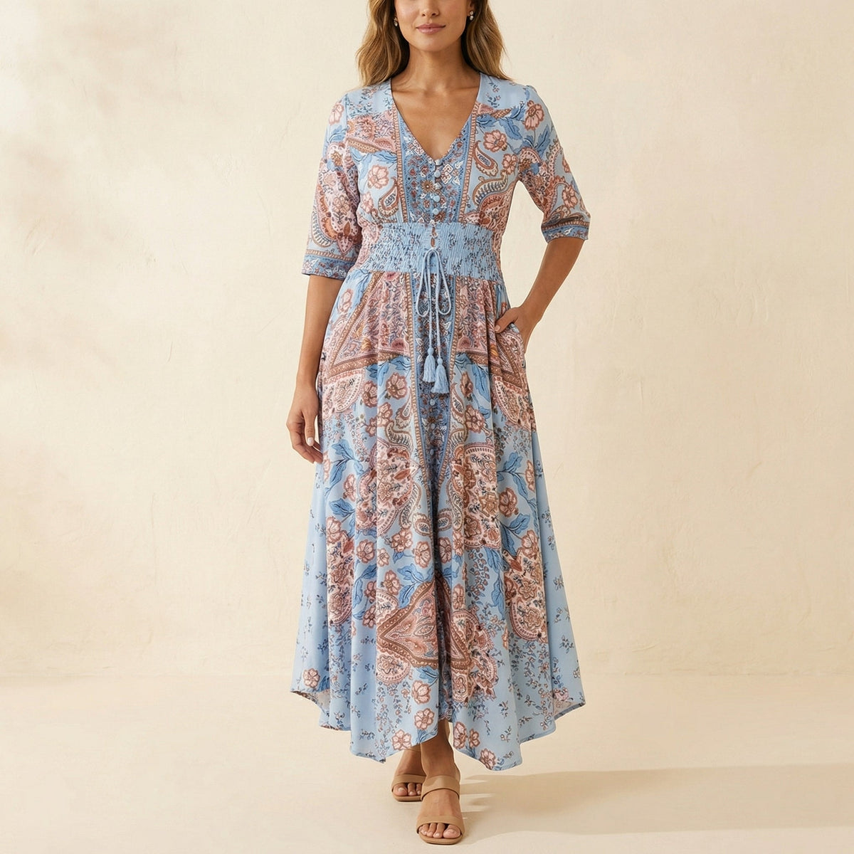 Floressa Paisley Floral V-Neck Maxi Dress with Drawstring Waist