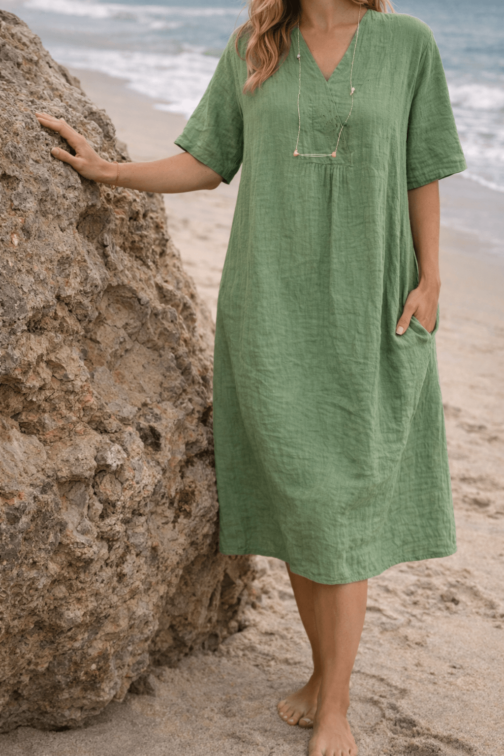 Relaxed Linen Midi Dress with V Neck for Fall Dresses for Women