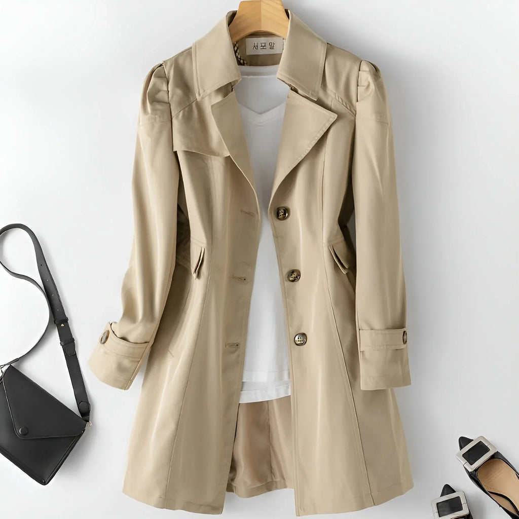 Delyth Notch-Lapel Women's Belted Trench Coat with Clean Tailored Line