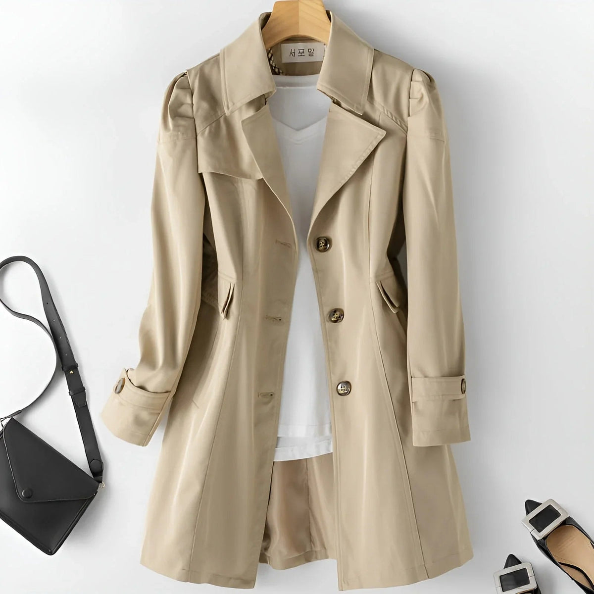 Delyth Notch-Lapel Women's Belted Trench Coat with Clean Tailored Line
