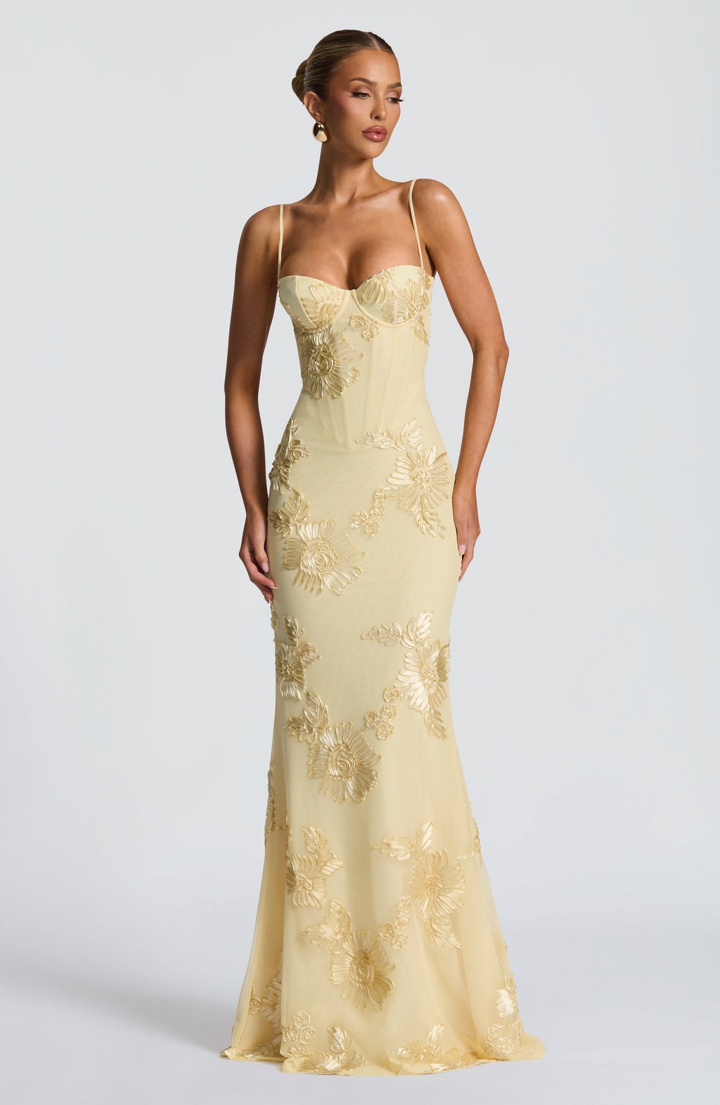 Women's Floral Embroidered Corset Maxi Dress with Spaghetti Straps