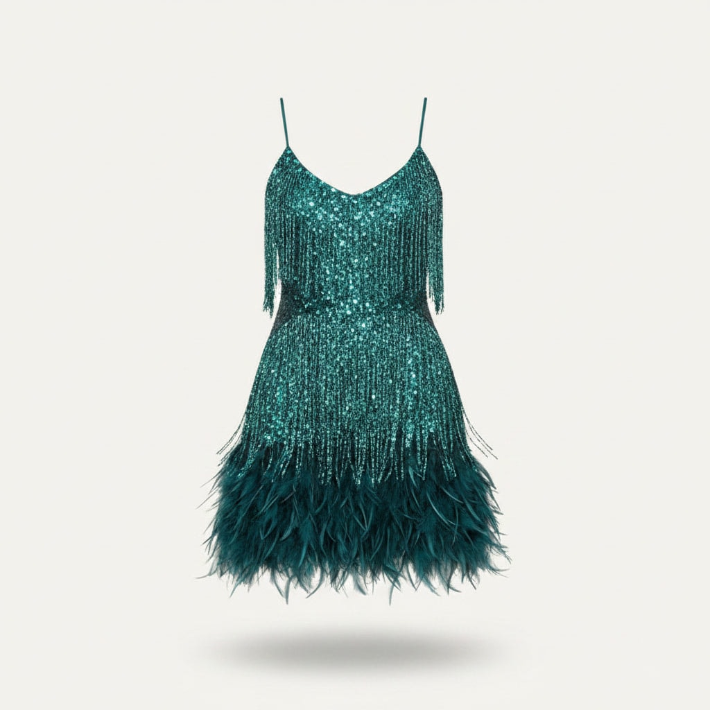 Sequin Fringe Feather Hem Fall Dresses for Women Wedding Guest Cocktail Events