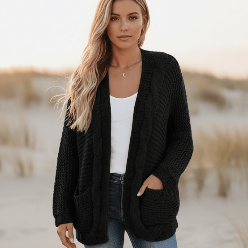 Women's Oversized Open-Front Knitted Sweater Cardigan with Pockets