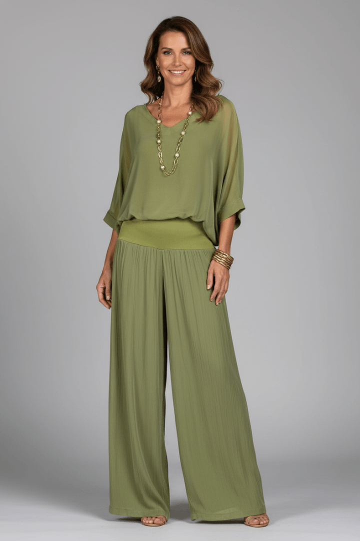 Natalie Women's Chiffon Wide-Leg Two-Piece Co-Ord Set with Draped Top