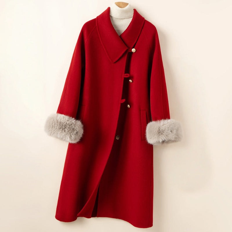 Women's Long Wool Winter Coat with Faux Fur Cuffs and Oversized Collar