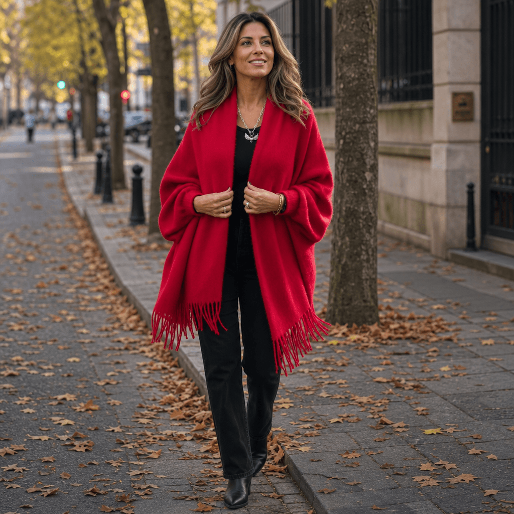 Women's Draped Shawl Collar Open-Front Wool Winter Coat with Fringe Detail