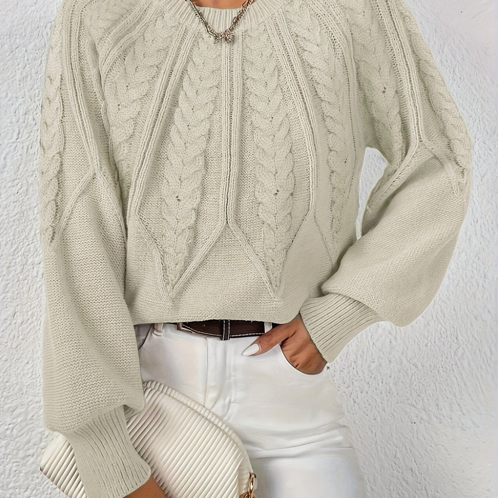 Women's Cropped Cable-Knit Sweater with Ribbed Crew Neck