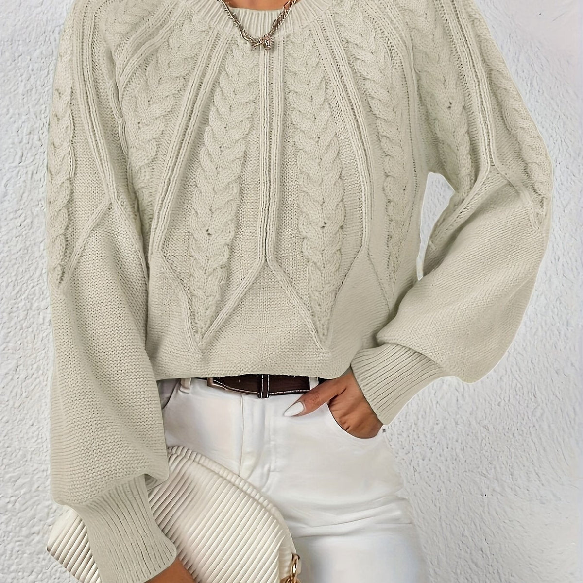 Women's Cropped Cable-Knit Sweater with Ribbed Crew Neck