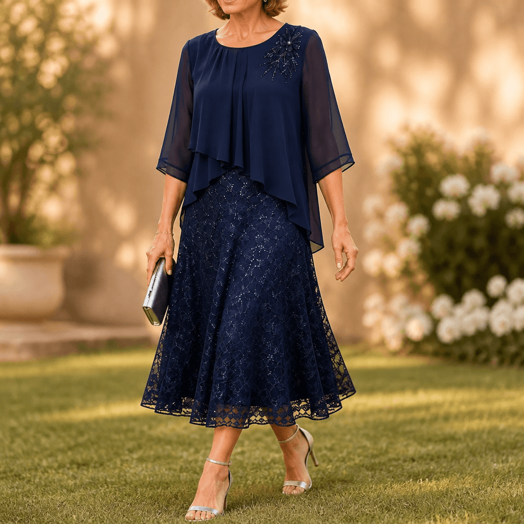 Elavine Floral Lace Overlay Chiffon Women's Midi Dress with Sheer Sleeves